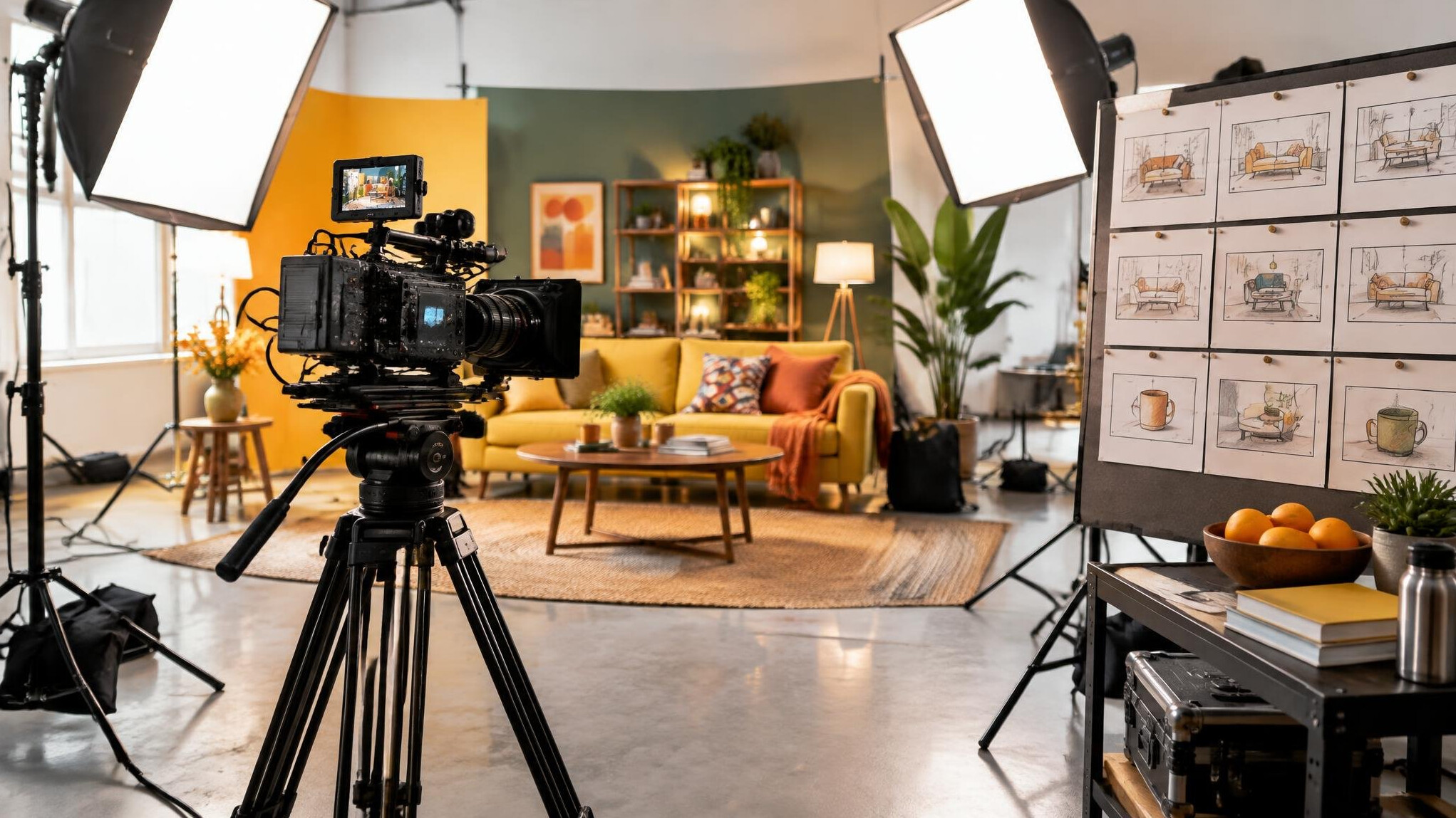 Film crew shooting a television commercial in a studio with lights and camera