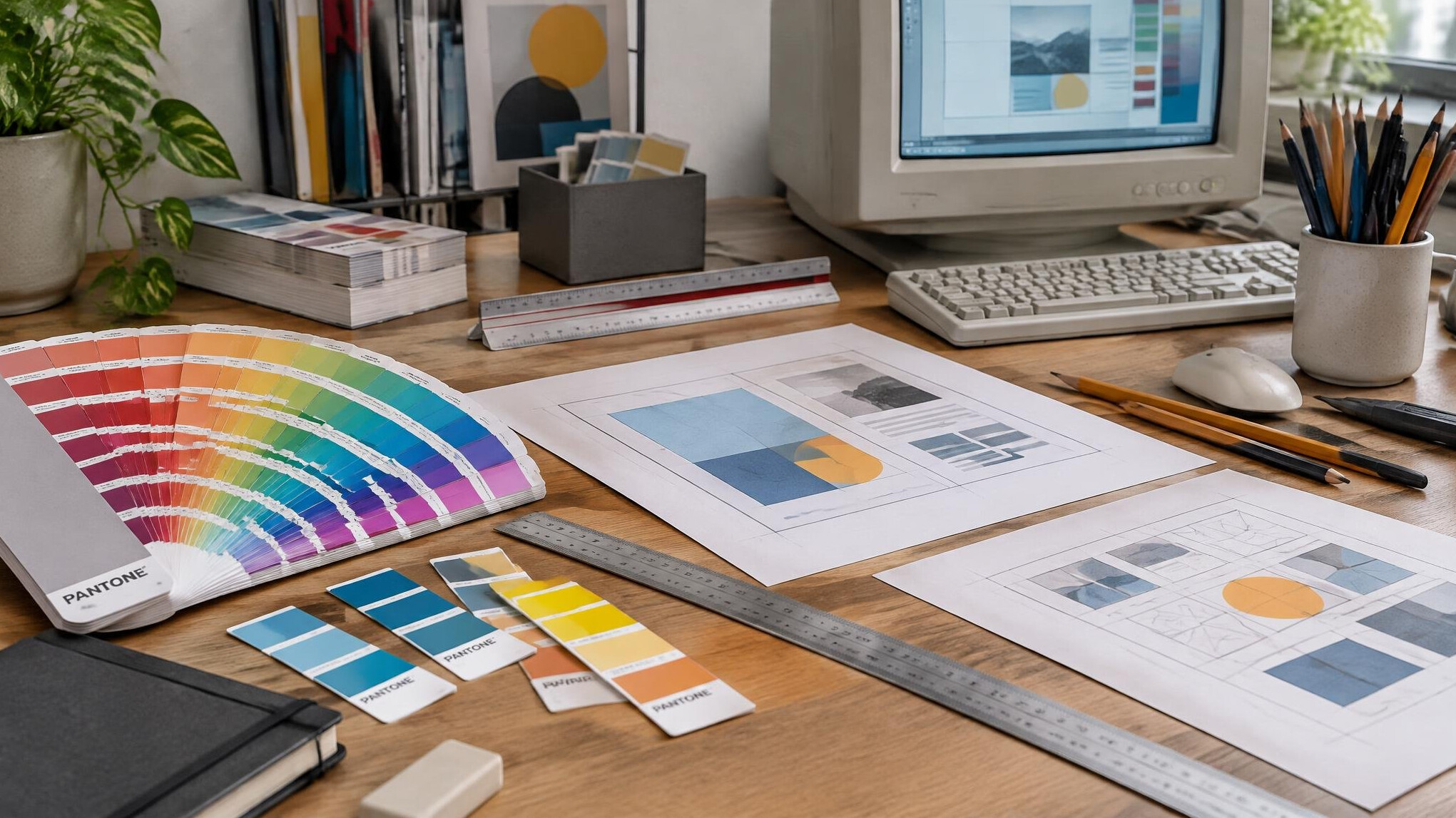 Graphic design tools, colour swatches and layout sketches on a desk