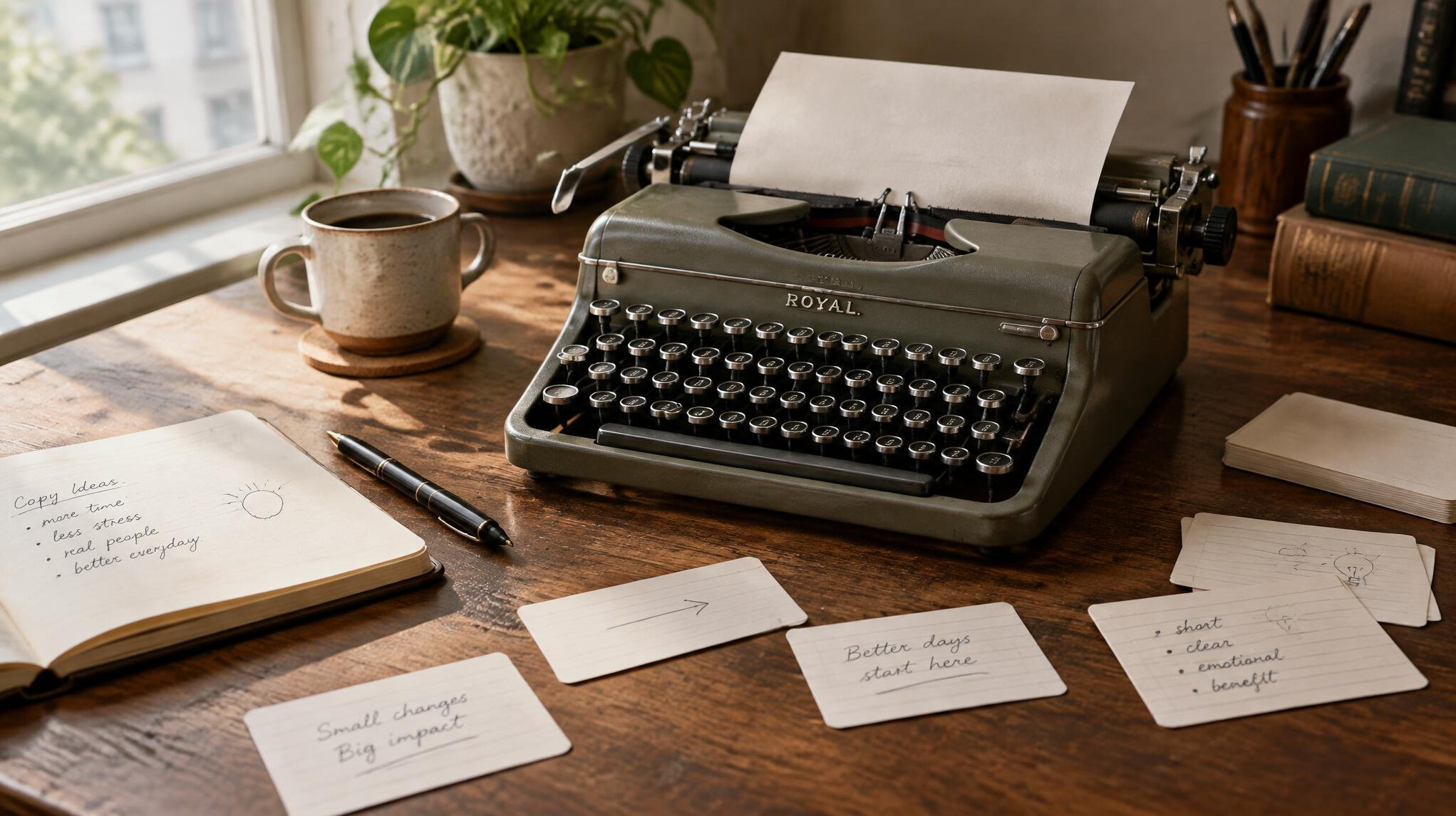 Typewriter with a sheet of paper and handwritten slogan notes