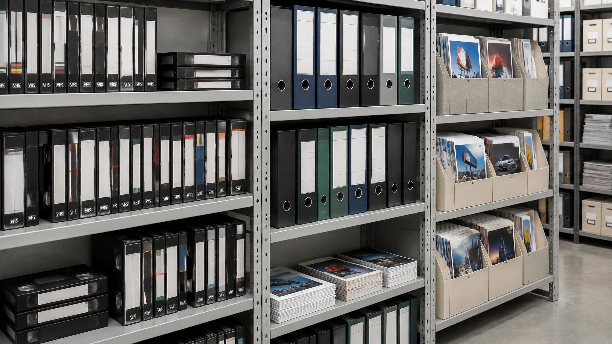 Archive shelves with videotapes and printed advertising material