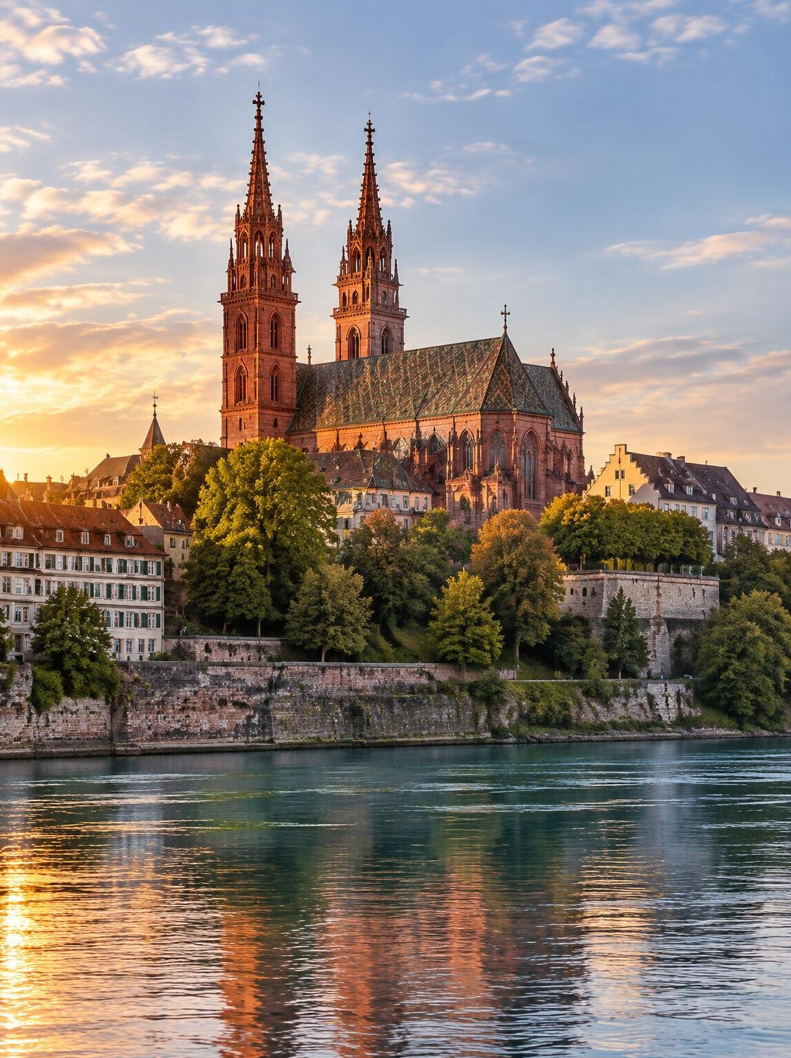 Basel Rhine riverside with the cathedral